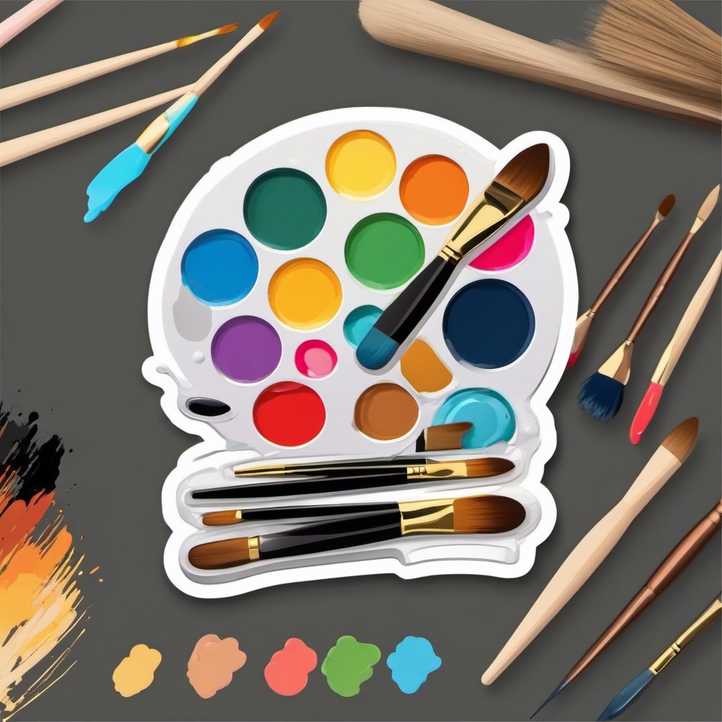 Palette and Brushes Sticker - Artist's palette with paintbrushes, ,vector color sticker art,minimal