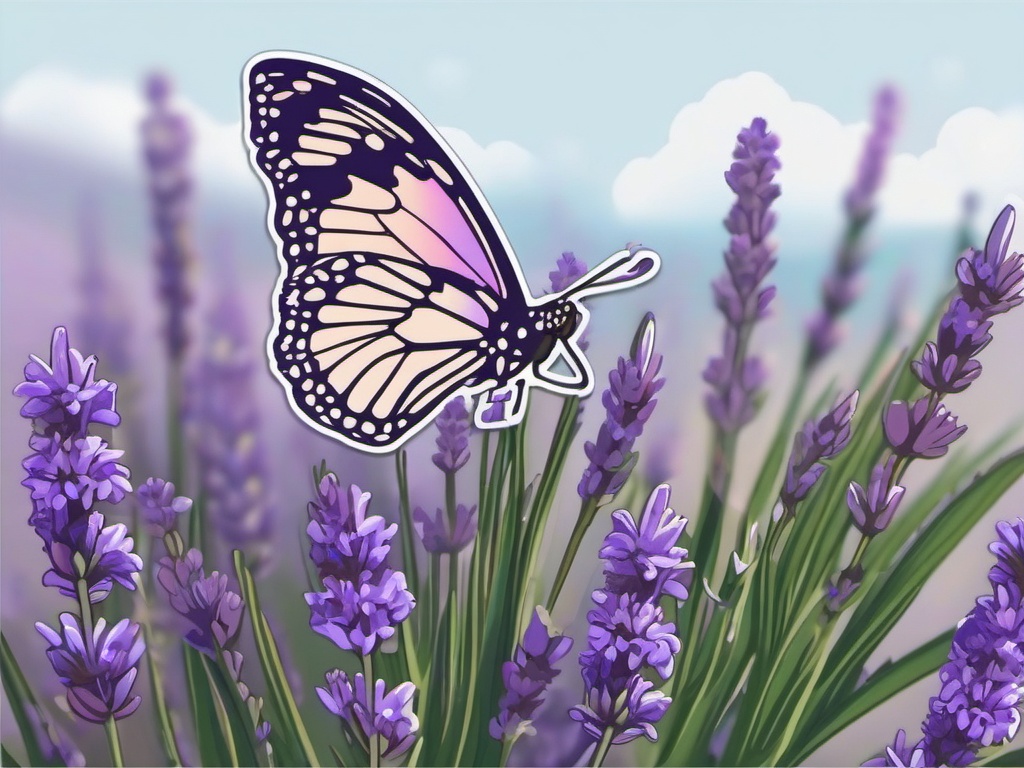 Butterfly and Lavender Sticker - Butterfly near blooming lavender flowers, ,vector color sticker art,minimal