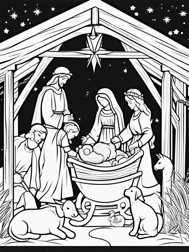 Manger Scene Coloring Page  outling,coloring pages,black and whit