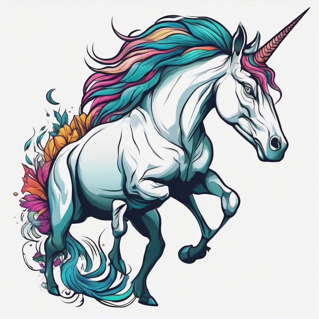 Dinosaur Unicorn Tattoo - Combine mythical elements with a tattoo featuring both a dinosaur and a unicorn.  simple vector color tattoo,minimal,white background