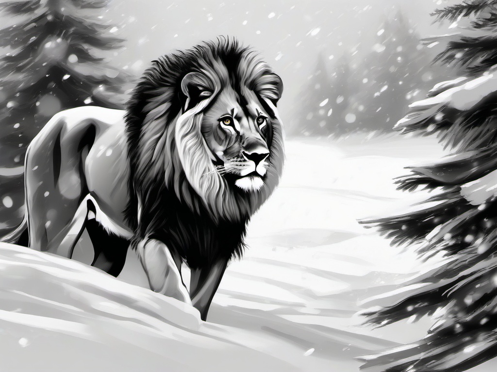 drawing of a lion in winter wonderland  minimal rough sketch scribbles,doodles,black and white