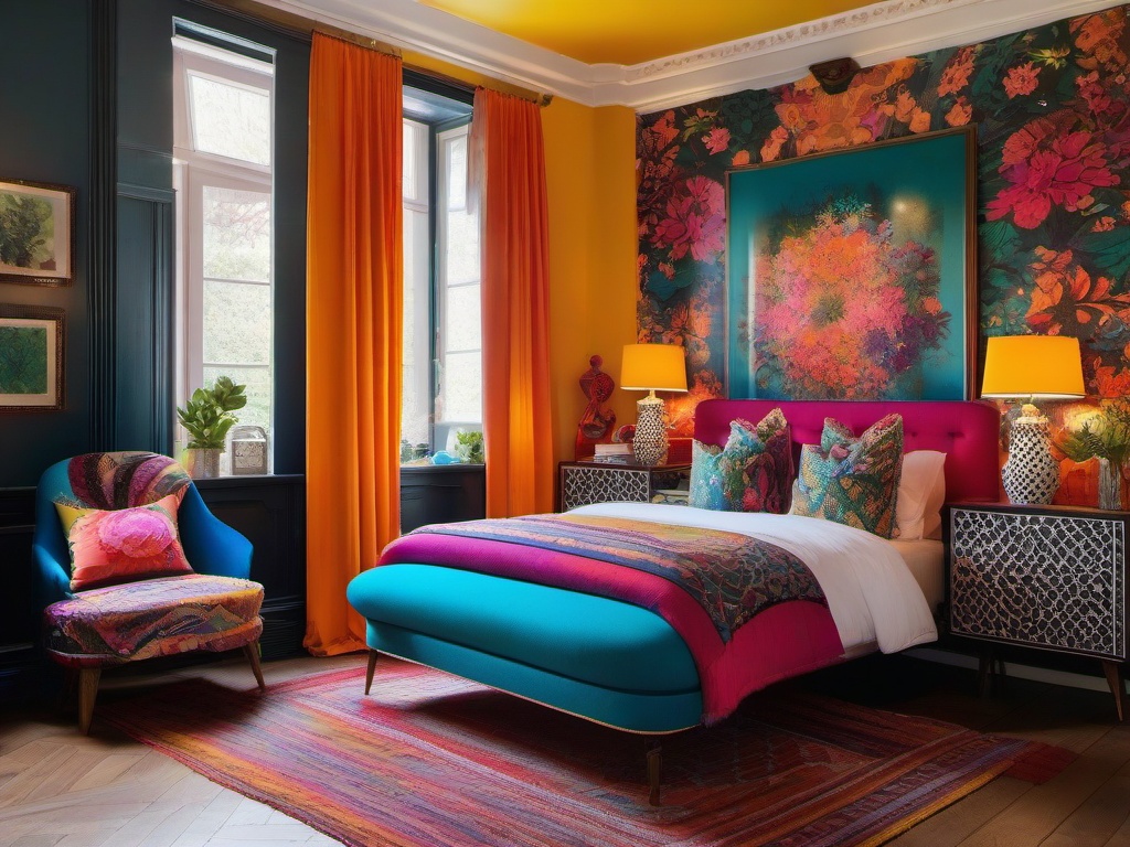 Eclectic bedroom combines unique furniture pieces, vibrant colors, and artistic decor, making it a lively and inviting environment.  