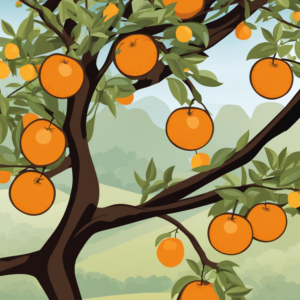 orange clipart: hanging from a fruitful orchard tree. 