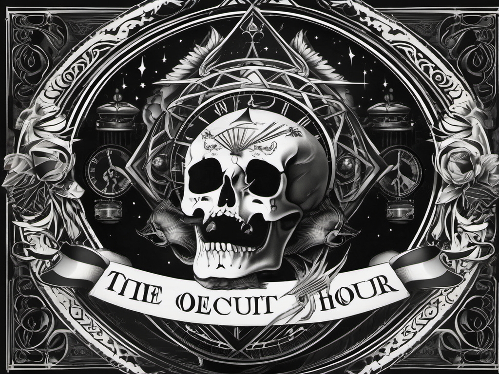 The occult hour strikes, marking a witching hour in the tattoo.  black and white tattoo style