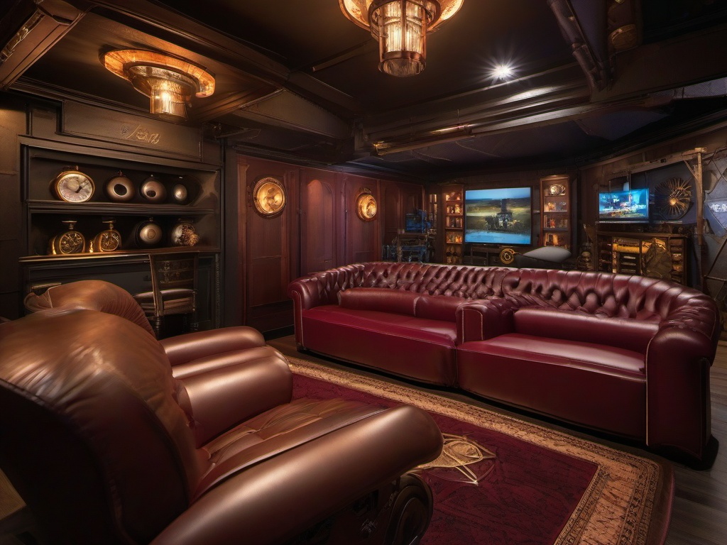 In the gamer room, steampunk interior design features comfortable seating, vintage-inspired tech, and rich colors that create an immersive environment for gaming adventures.  