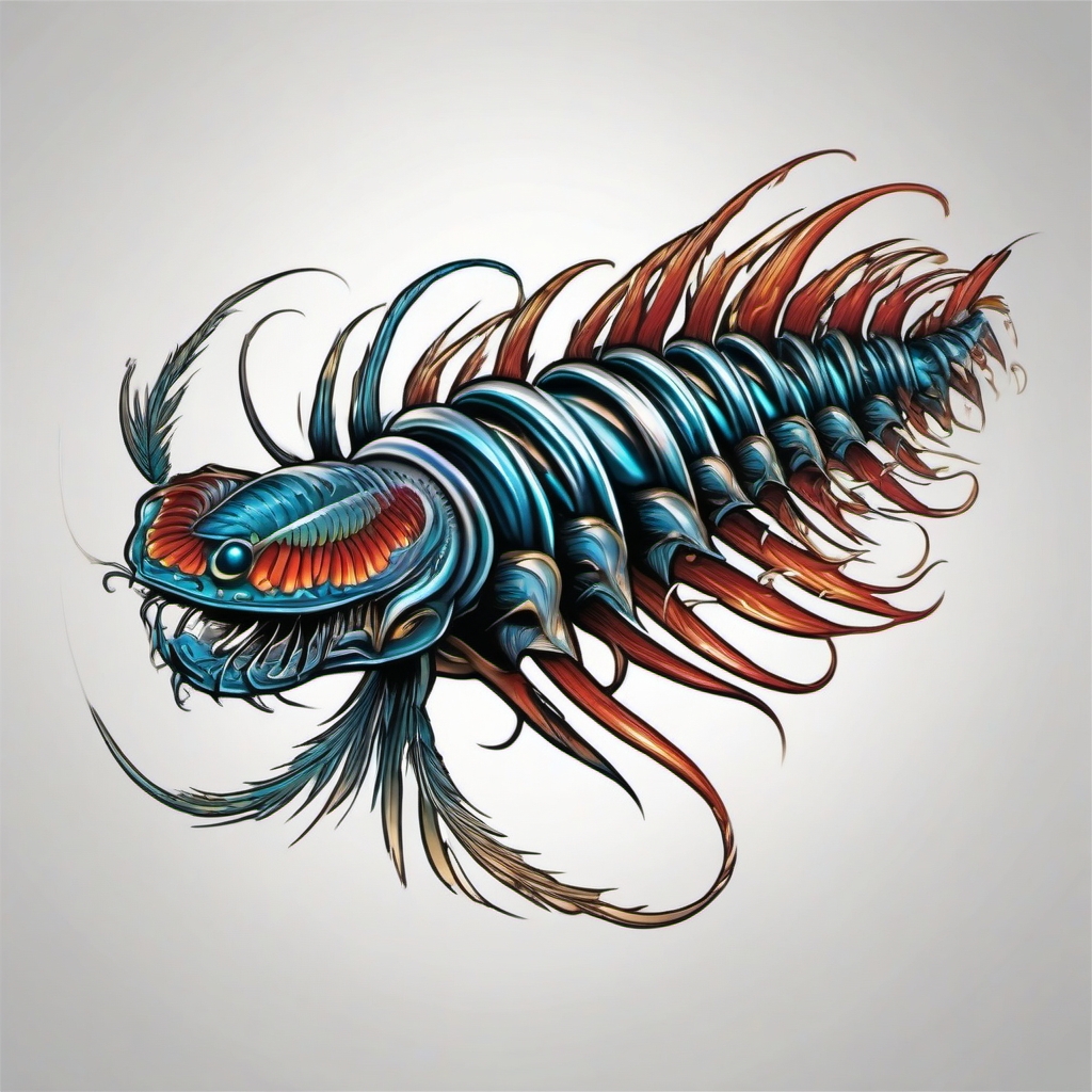 Dynamic centipede in motion tattoo: A portrayal of swift and agile movement.  color tattoo style, white background