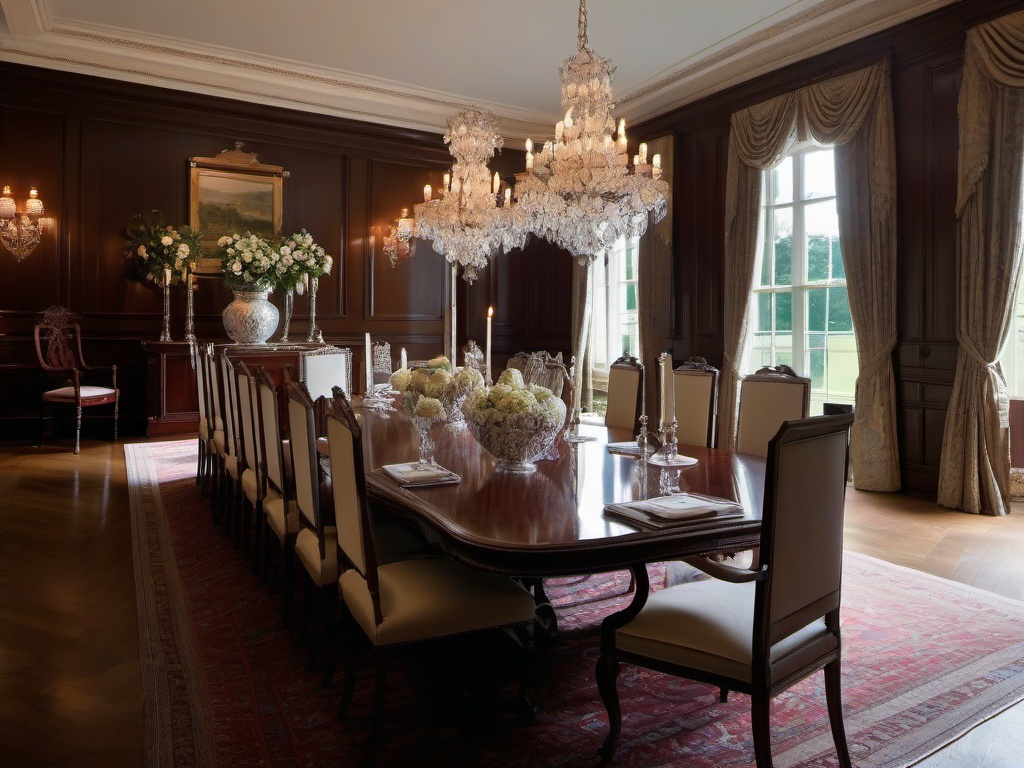 Georgian dining room is a picture of refined elegance with its intricate wood paneling, grand mahogany table, and gleaming silver candlesticks, offering an air of classic opulence.  