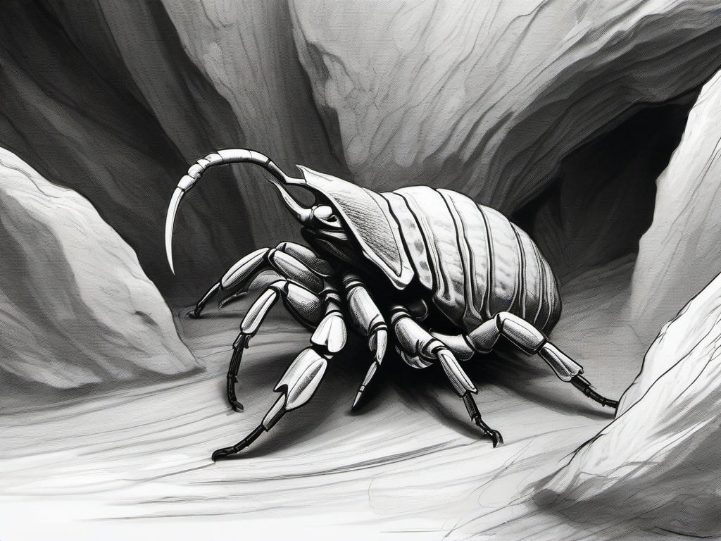 drawing of a scorpion in a cave  minimal rough sketch scribbles,doodles,black and white