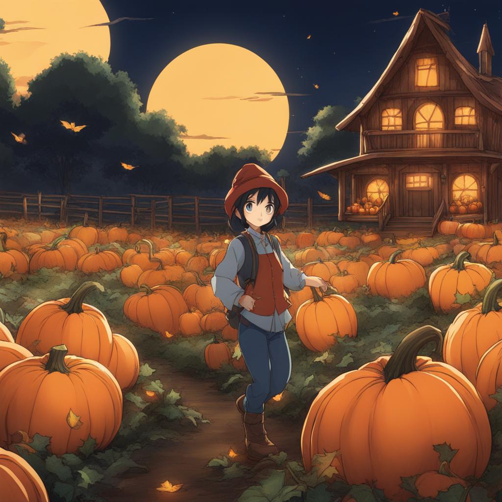 pumpkin patch adventure - sketch an anime scene of characters exploring a magical pumpkin patch, with glowing pumpkins all around. 