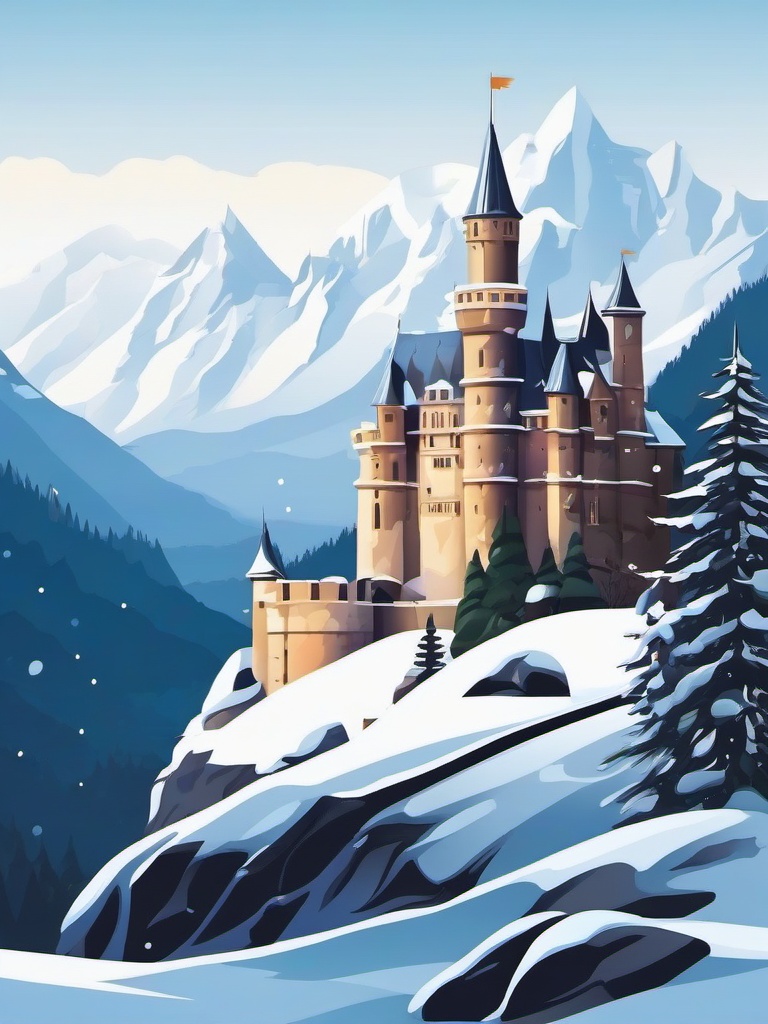 Snow-covered castle in the mountains clipart.  vector style illustration, white background