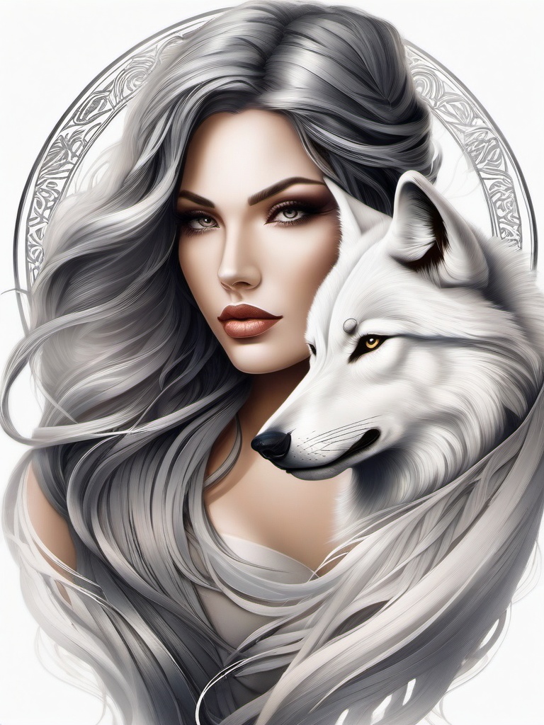 Wolf Lady Tattoo,embodiment of fierce femininity and the wolf's strength, entwined in a captivating tattoo. , tattoo design, white clean background