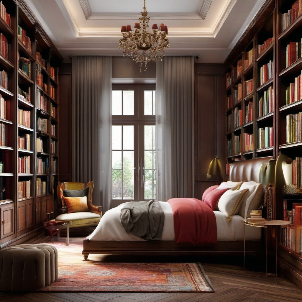 Classic Library Bedroom - Design a bedroom with classic library elements and bookshelves. , bedroom interior decor design ideas, multicoloured, photo realistic, hyper detail, high resolution,