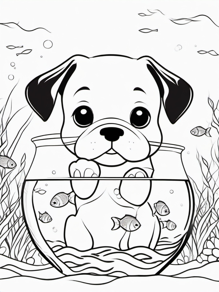 Puppy and Fishbowl Coloring Pages - Silly Puppy Watching Fish Swim  minimal black outline printable sheet, coloring page