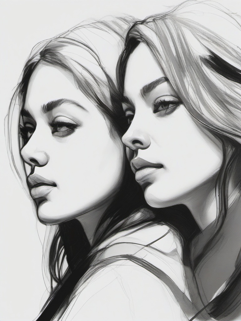 sketch of two sisters  minimal rough sketch scribbles,doodles,black and white