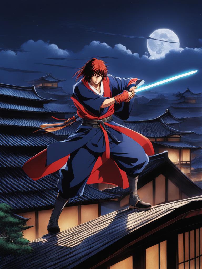 kenshin himura delivers lightning-fast strikes against foes on a moonlit rooftop. 