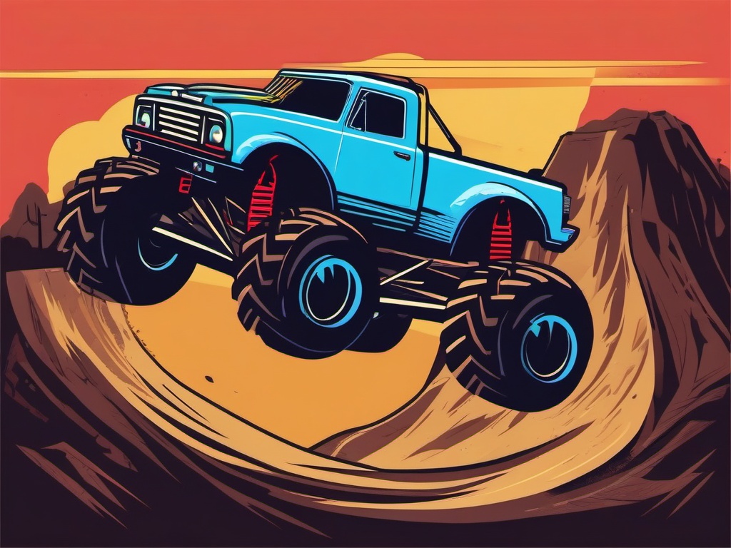 Monster Truck Clipart - A monster truck crushing obstacles with power.  transport, color vector clipart, minimal style