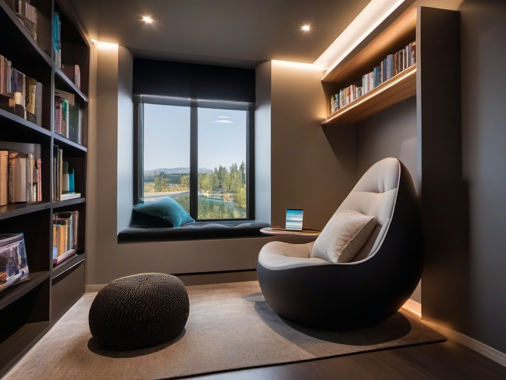 In the reading nook, High Tech interior design highlights a comfortable chair, modern decor, and integrated lighting that create a perfect space for enjoying books and daydreaming.  