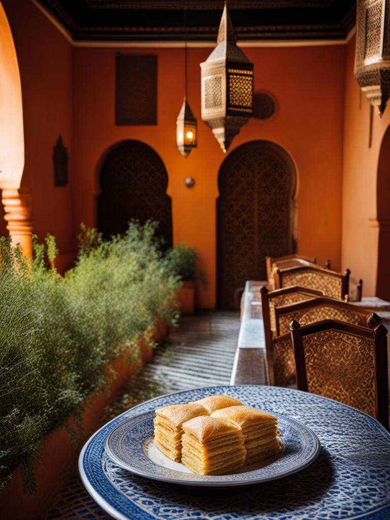 moroccan pastilla, a sweet and savory pastry, savored in a riad courtyard in marrakech. 