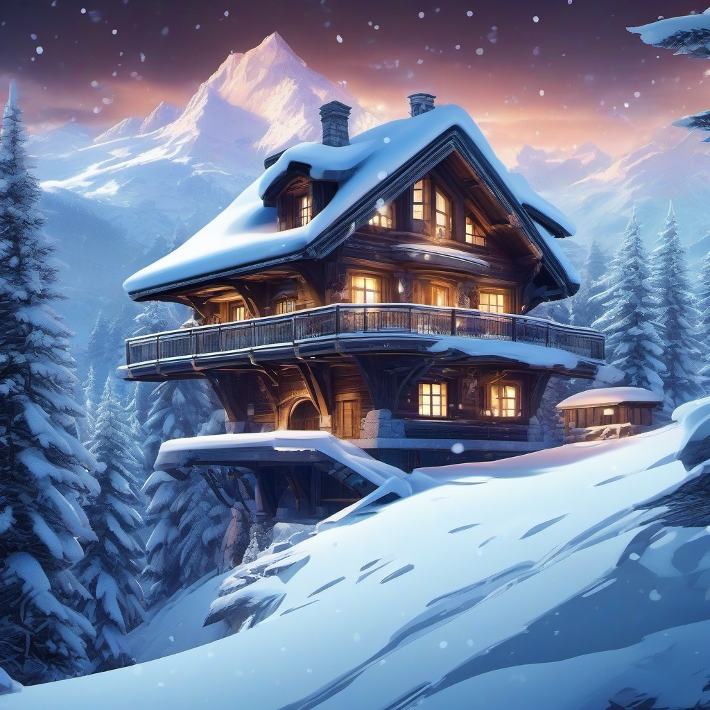 Winter Desktop Wallpaper - Futuristic Snowy Alpine Chalet in a Cyber Winter Wonderland  intricate patterns, splash art, wallpaper art