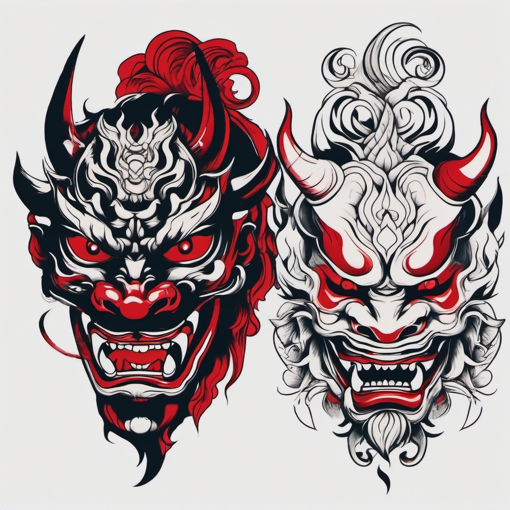 Oni and Hannya Tattoo - Tattoo design featuring both the Oni and Hannya motifs.  simple color tattoo,white background,minimal