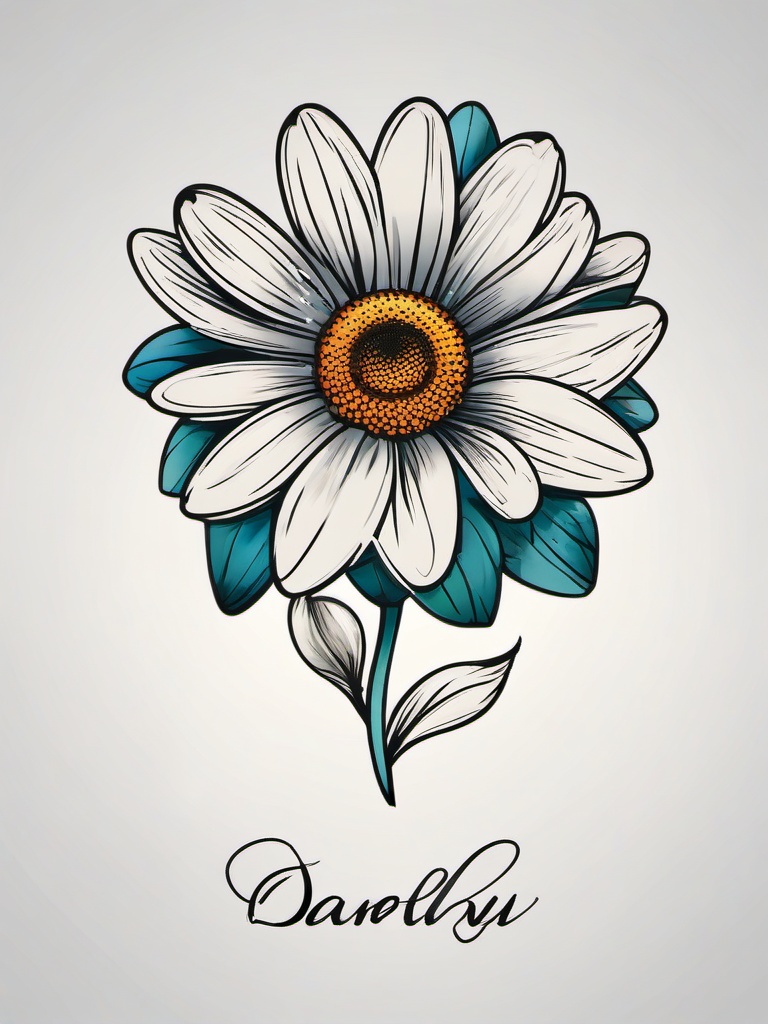 Daisy Tattoo Name-Personalization of ink with a daisy tattoo featuring a name, expressing a special connection to a loved one.  simple vector color tattoo