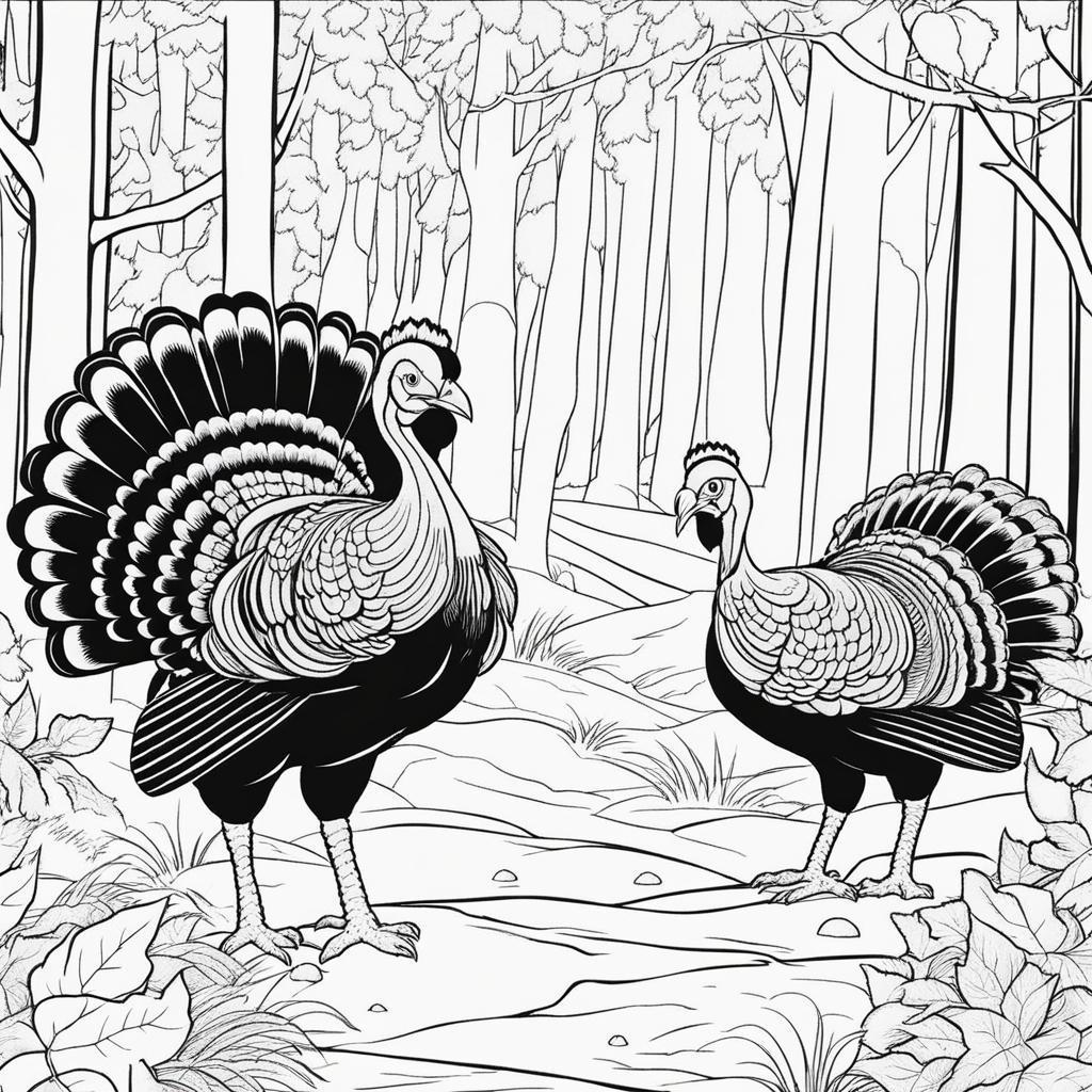 turkey coloring pages - turkeys strut and gobble in a lively forest. 