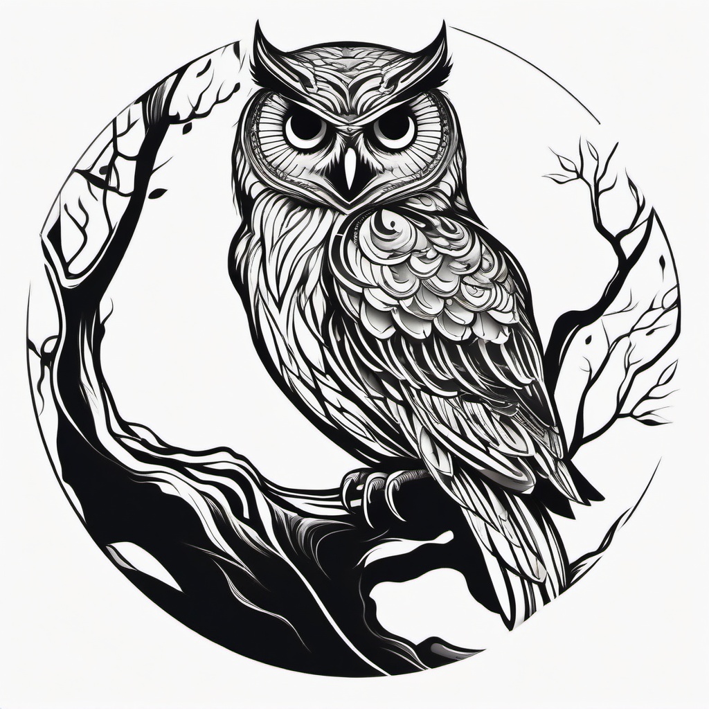 Owl in a Tree Tattoo - Blend nature and mystique with an owl perched in a tree tattoo.  simple color tattoo,vector style,white background