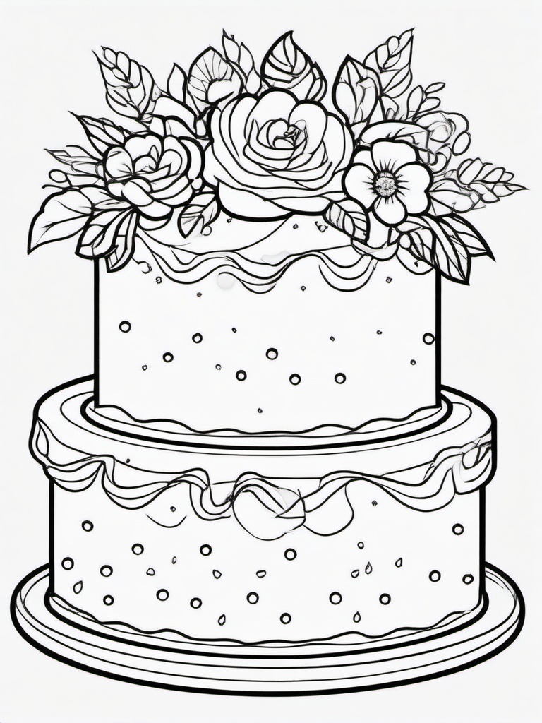 Birthday Cake with Flowers Coloring Pages - Beautiful Cake with Floral Decorations  minimal black outline printable sheet, coloring page