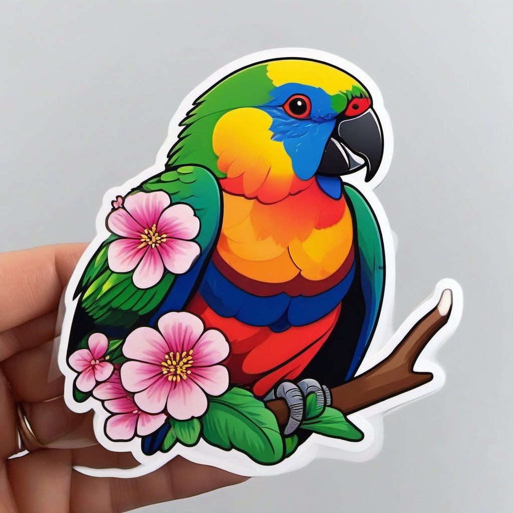 Rainbow Lorikeet in Blossoming Tree Emoji Sticker - Vibrant parrot in a flowering embrace, , sticker vector art, minimalist design