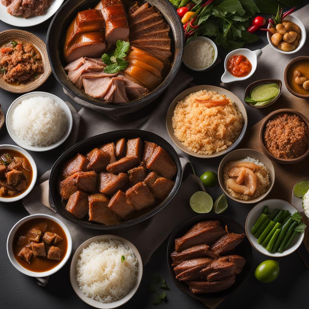 filipino fiesta - a hearty spread of adobo, lechon, and sinigang, with plenty of rice. 