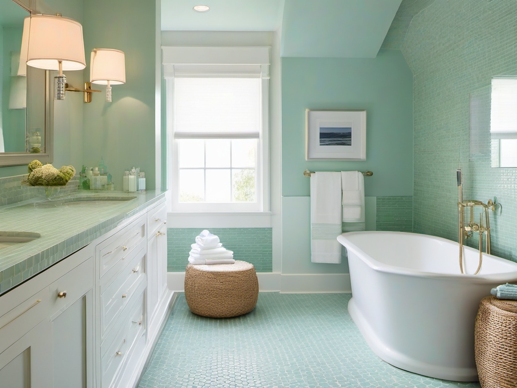 Coastal-inspired bathroom with Ann Sacks seafoam green mosaic tiles, Kohler rain showerhead, and Serena & Lily nautical-themed accessories.  