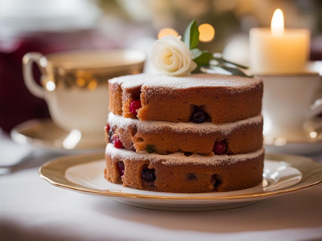 wedding fruitcake in a vintage tea room: picture a traditional fruitcake adorned with marzipan, featured in an elegant, candlelit tea room filled with antique teacups. 