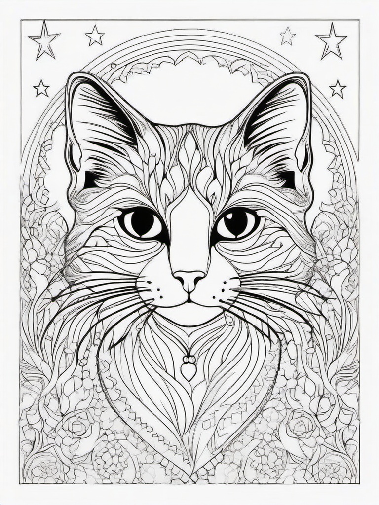 Cat with Stars Coloring Pages - Dreamy Cat in a Starry Night  minimal black outline printable sheet, coloring page