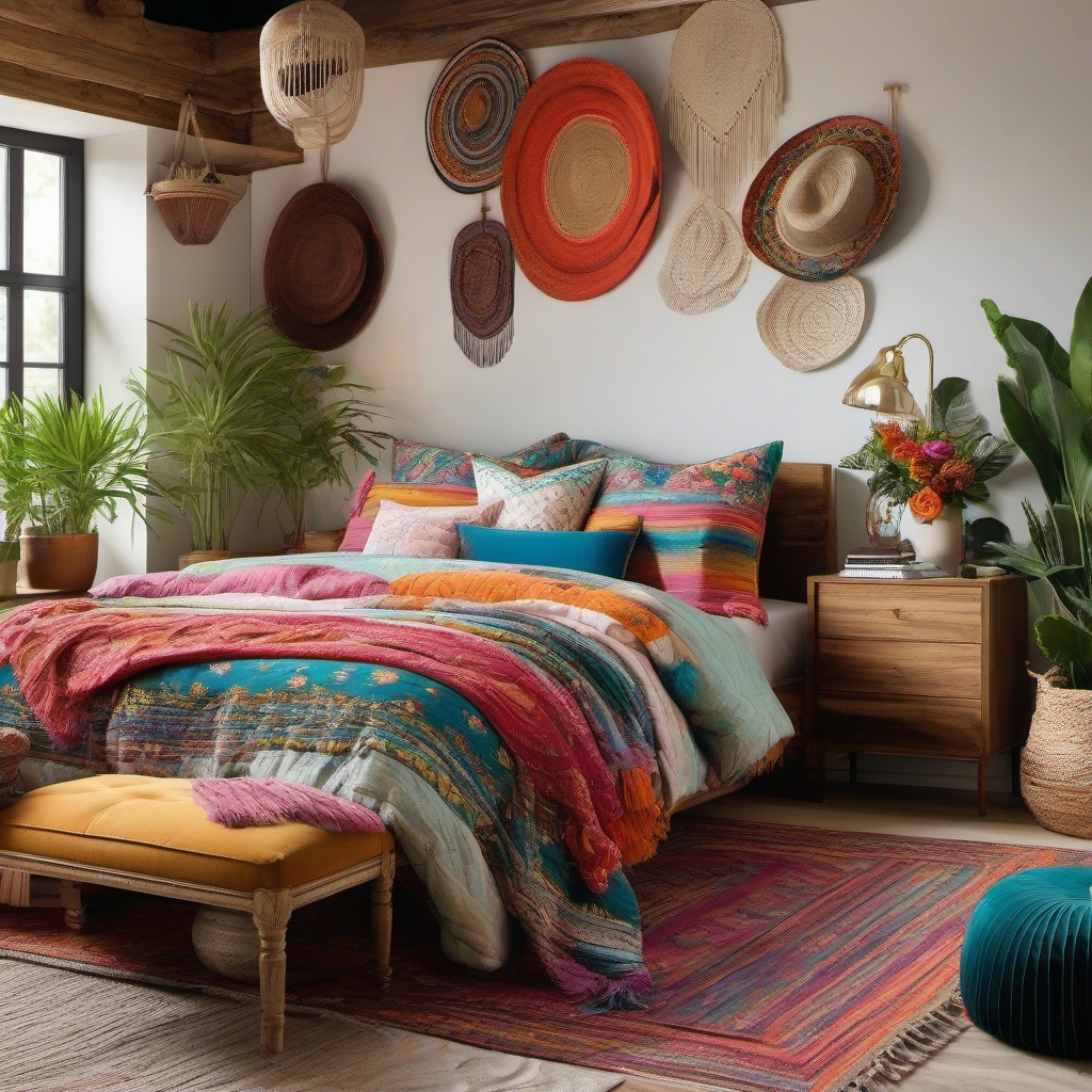 Boho Farmhouse Fusion - Blend boho and farmhouse styles for an eclectic sleeping space. , bedroom interior decor design ideas, multicoloured, photo realistic, hyper detail, high resolution,