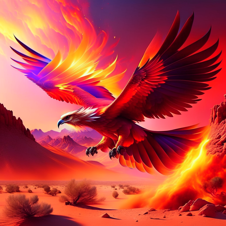 phoenix, the majestic firebird, soaring above a burning desert with wings ablaze. 