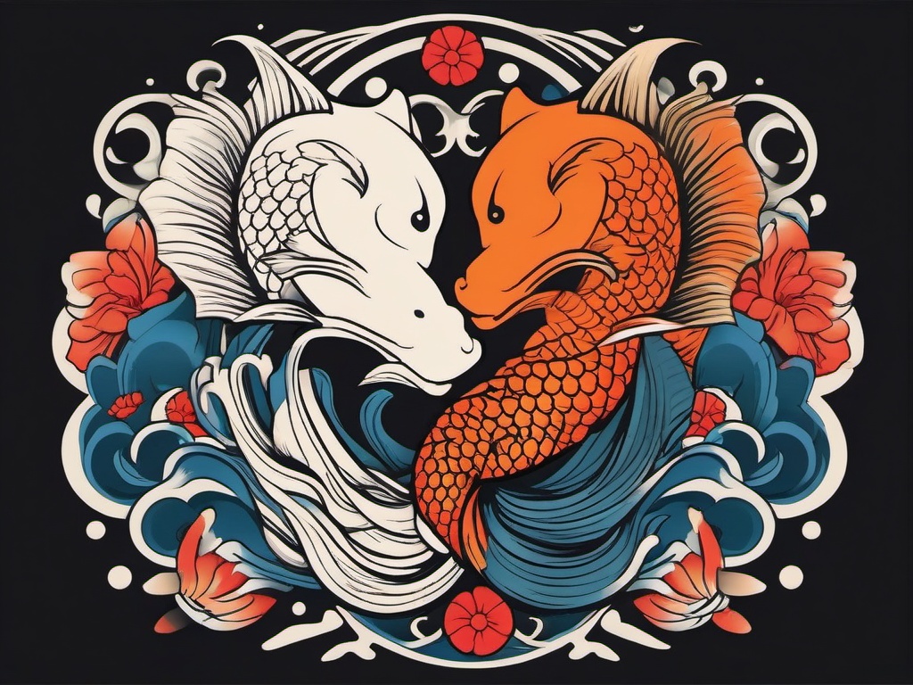 Yin Yang Koi Carp Tattoo-Bold and symbolic tattoo featuring a Yin and Yang symbol with Koi carp, capturing themes of balance and duality.  simple color vector tattoo