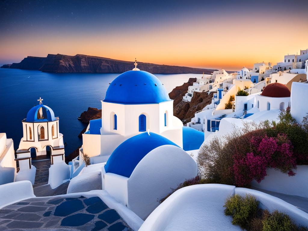 santorini, greece - illustrate the iconic blue-domed churches and white buildings of santorini against the backdrop of a starry night. 