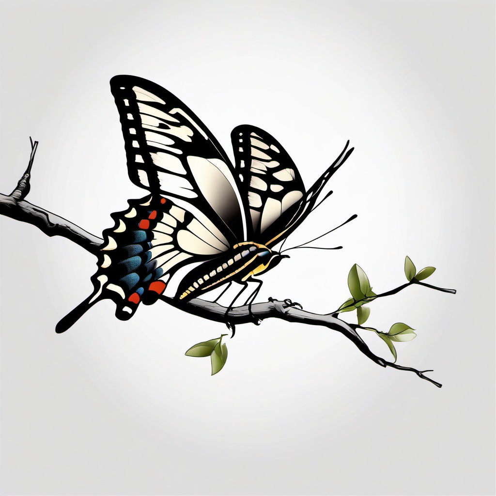 Swallowtail Bird Tattoo - Swallowtail perched on branch  minimalist tattoo design, white background