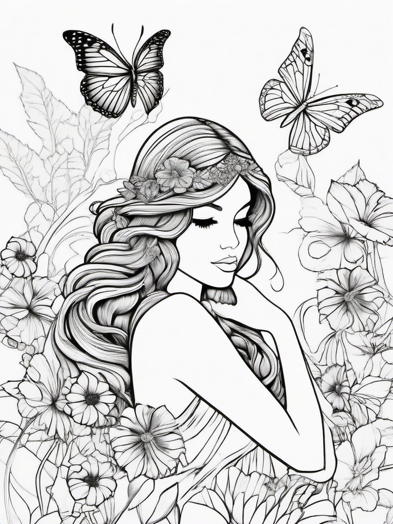 Butterfly Fairy Coloring Pages - Enchanted Fairy with Colorful Butterflies  minimal black outline printable sheet, coloring page