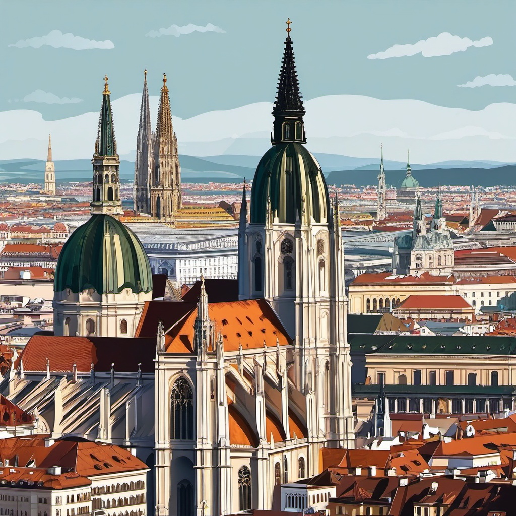 Vienna clipart - St. Stephen's Cathedral and Vienna cityscape,  color clipart, vector art