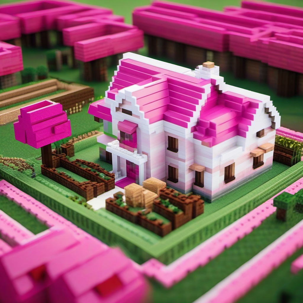 pink and white Minecraft house with attached barn and farm fields 