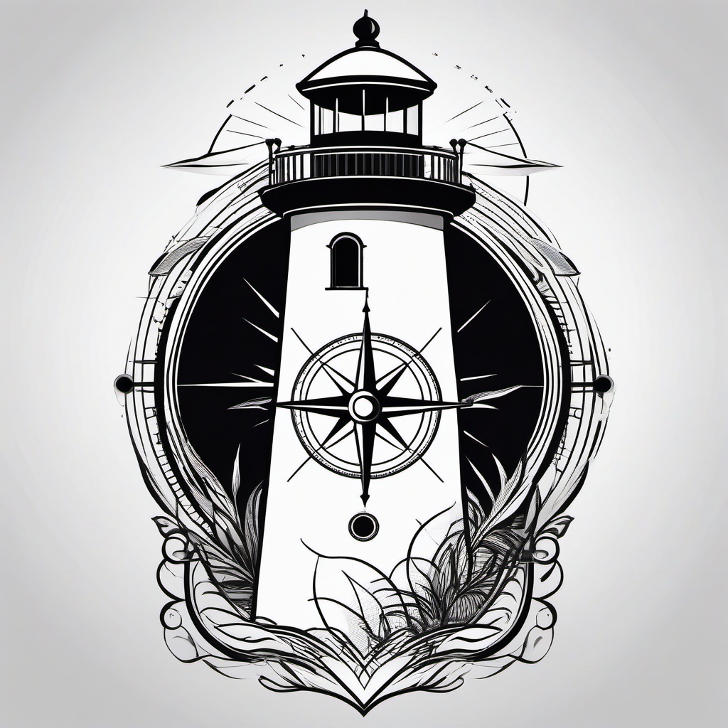 Compass Lighthouse Tattoo - Compass design with a lighthouse motif.  simple vector tattoo,minimalist,white background