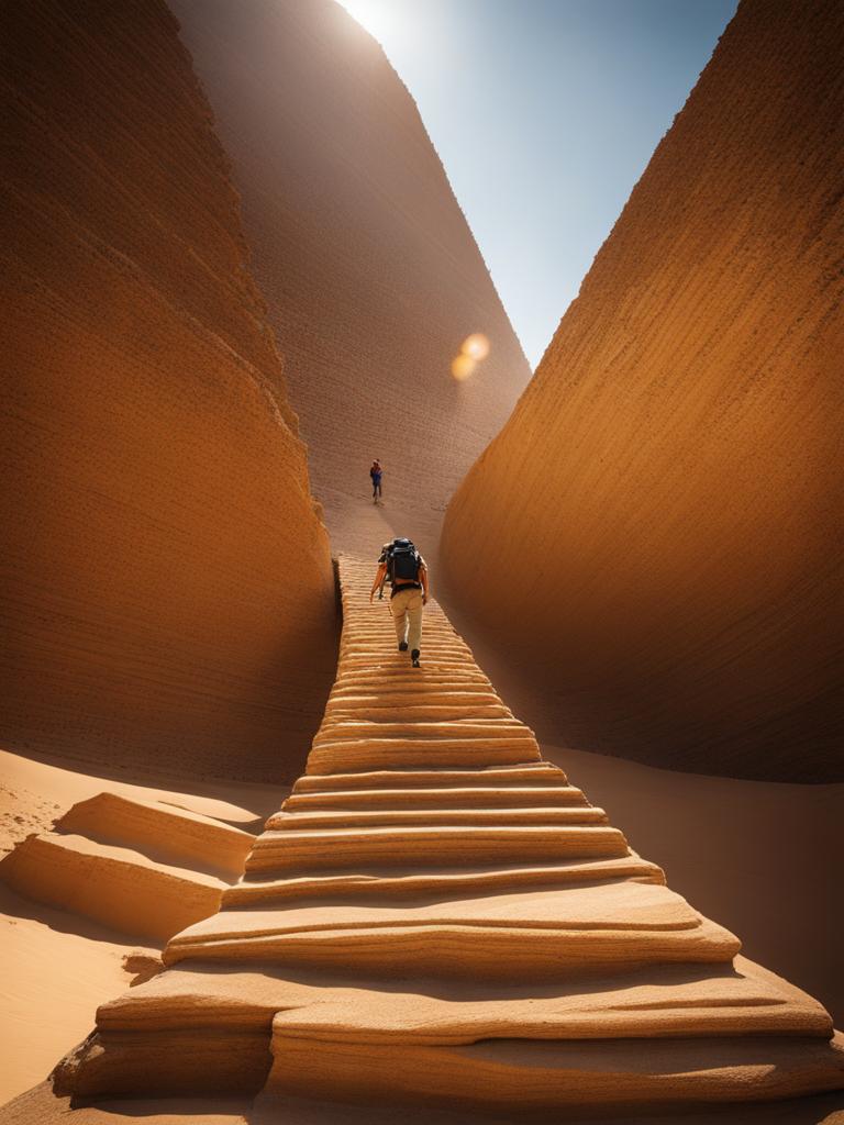 adventurous explorer scaling a towering, ancient pyramid in a remote desert. 