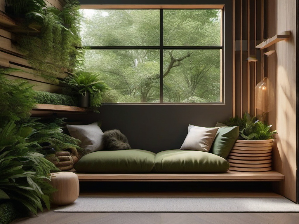 Biophilic interior design in the reading nook incorporates natural wood seating, organic textiles, and plenty of greenery, creating a cozy corner for enjoying books and nature.  