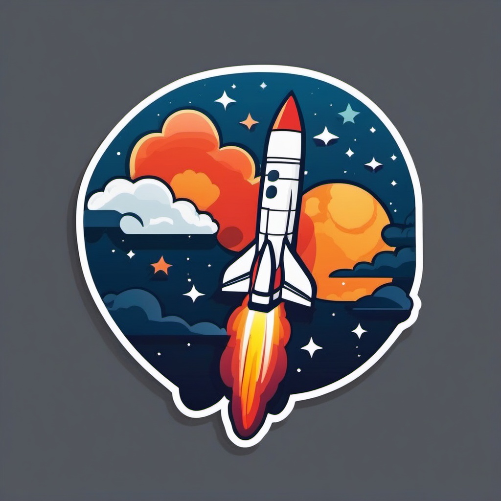 Rocket Launch Sticker - Rocket taking off into space, ,vector color sticker art,minimal