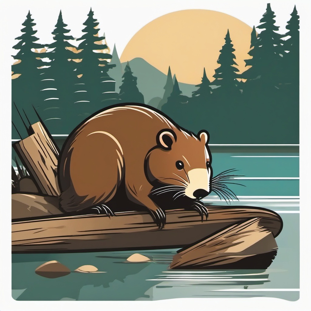 Beaver Clip Art - Diligent beaver building a dam,  color vector clipart, minimal style