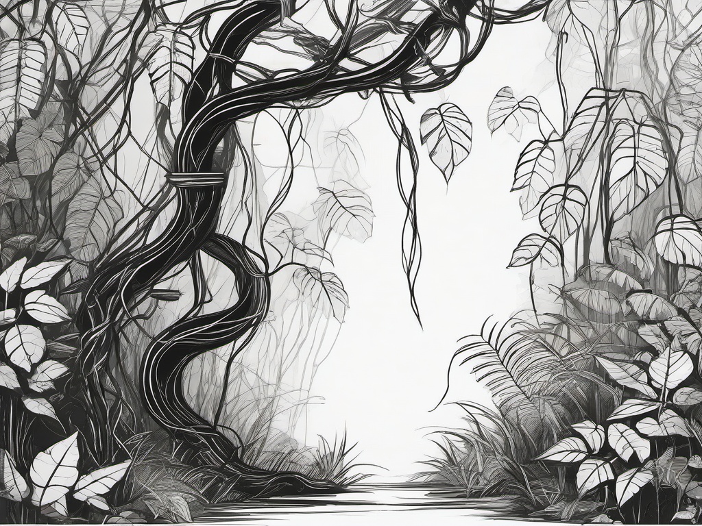 drawing of a vine in a jungle  minimal rough sketch scribbles,doodles,black and white