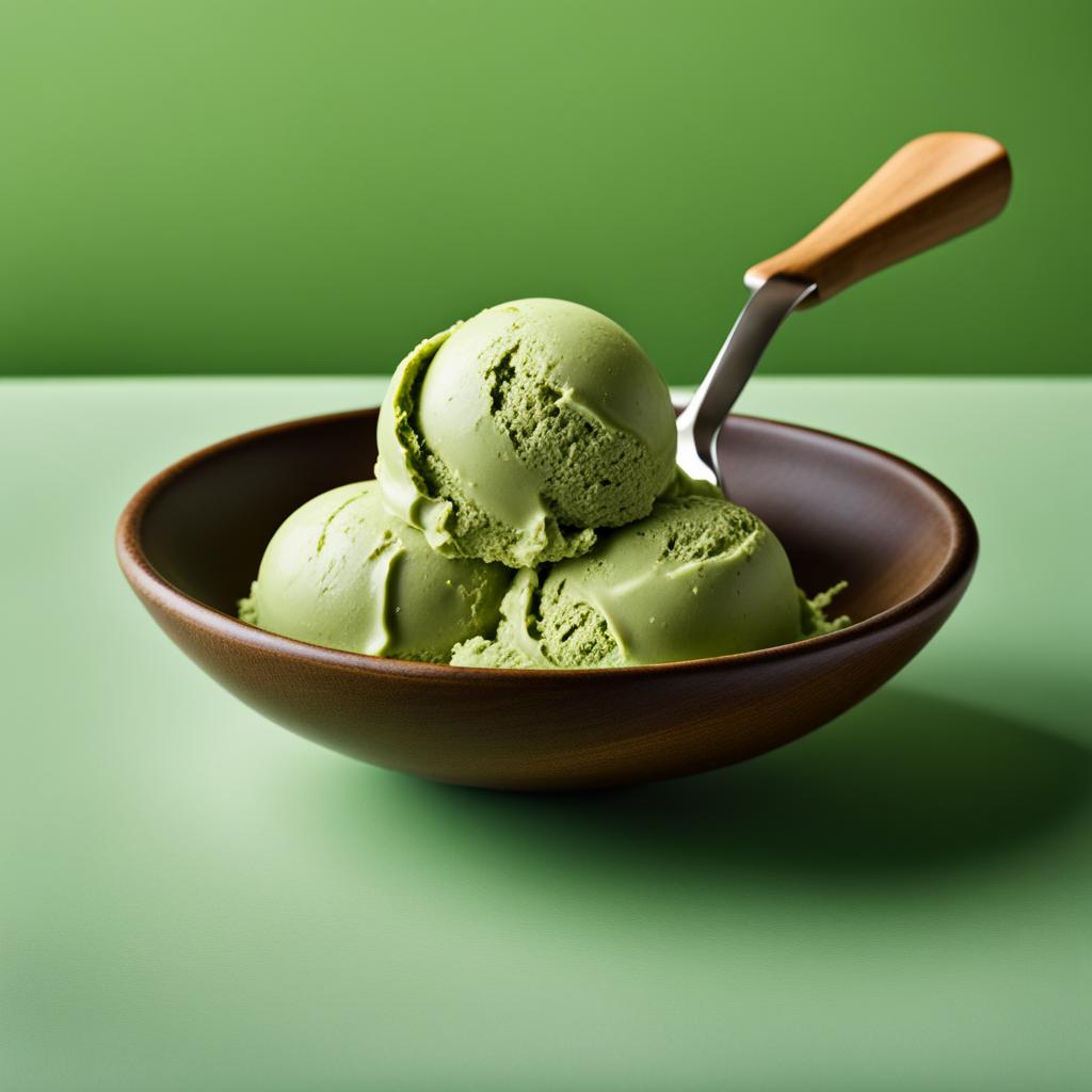 a scoop of velvety matcha green tea ice cream, with a subtle, earthy flavor. 