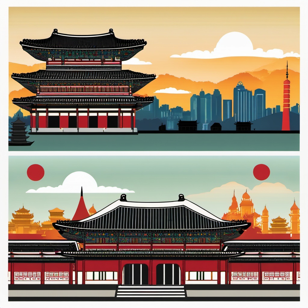 Seoul clipart - Gyeongbokgung Palace and Seoul skyline,  color vector clipart