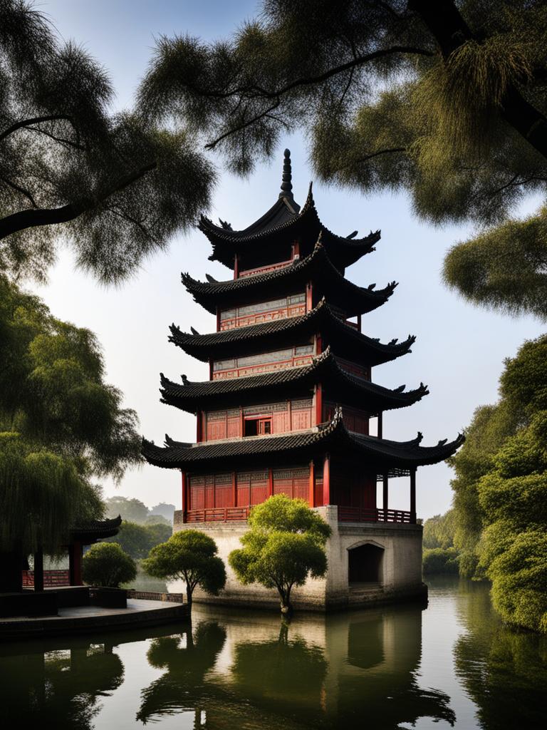 chinese pagodas, with multi-tiered roofs, stand tall in the gardens of suzhou, china. 